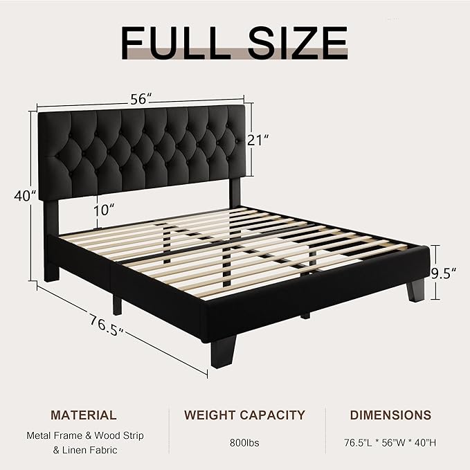 Full Upholstered Bed Frame with Headboard, Button Tufted Linen Bed Base, Platform Bed with Wood Slat, Heavy Duty, Easy Assembly, No Box Spring Needed, Black