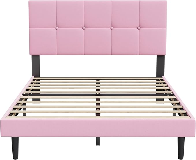 Full Size Bed Frame, Full Size Platform Bed Frame with Headboard, Upholstered Headboard, Sturdy Wooden Slats, Noiseless No Box Spring Required, Easy to Assemble, Pink
