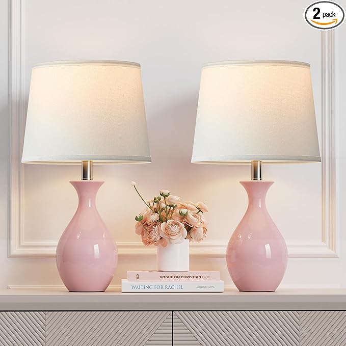 PARTPHONER Table Lamp Set of 2, Modern Ceramic Bedside Lamps for Night Stands, Classic Small Lamp Nightstand Lamp for Bedroom Living Room Desk End Table Rocker Swtich Pink