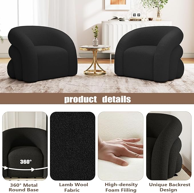 34.6" W Mordern Swivel Accent Chair,Sherpa Round Upholstered Boucle 360° Swivel Armchair for Living Room,Comfy No Assembly Sofa Chair for Bedroom Reading Apartment Lounge(Black)