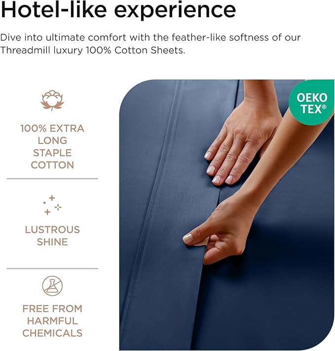Threadmill Luxury 800 Thread Count Twin 100% Cotton Sheets - Folkstone Blue Sateen Weave Bed-Sheets, Better Than Egyptian Cotton,3 Pc Solid Soft Bedding Set, Fits 15" Deep Pocket