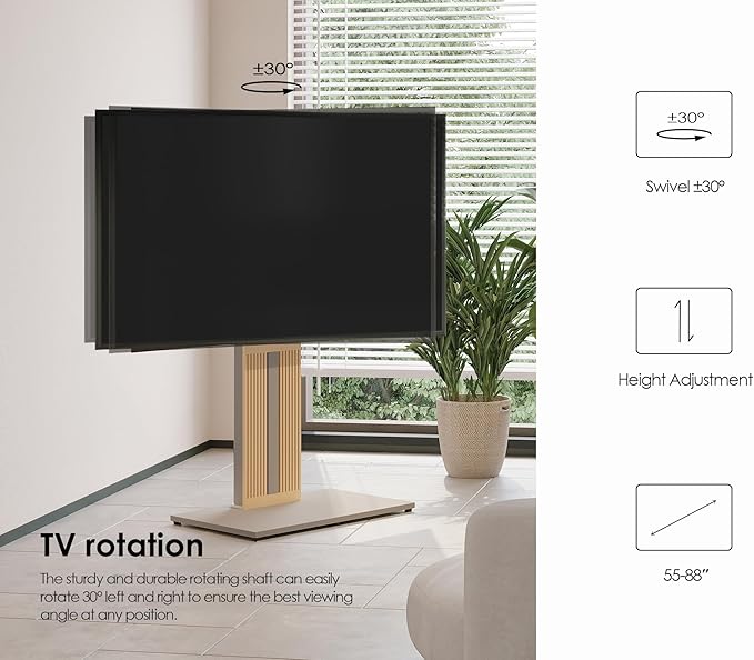 FITUEYES Design Wood TV Stand Swivel Mount with Hidden Back Storage for 55-88 inch TV Screens, Scandinavian Style Tall Floor TV Stand for Home Decor with Reinforced Base, Zen Series,Morandi Khaki