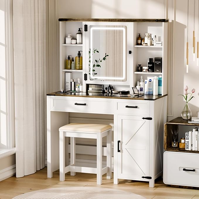 Farmhouse Makeup Vanity, Vanity Desk with 3 in 1 Charging Station and Human Body Sensing LED Lights, Vanity Table with Glass Tabletop & Hidden Jewelry Cabinet, Stool Included, Vintage White