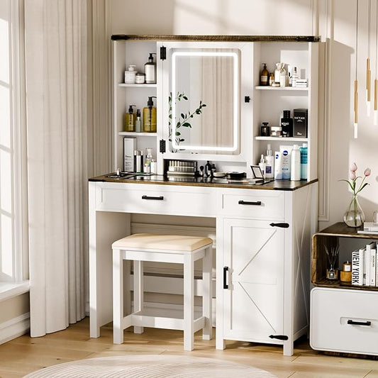 Farmhouse Makeup Vanity, Vanity Desk with 3 in 1 Charging Station and Human Body Sensing LED Lights, Vanity Table with Glass Tabletop & Hidden Jewelry Cabinet, Stool Included, Vintage White