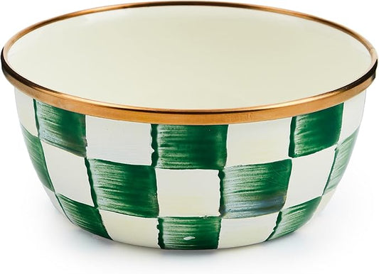 MACKENZIE-CHILDS Enamel Pinch Bowl, Small Bowl for Kitchen Ingredients, 1.5-Cup Capacity, Green-and-White Emerald Check