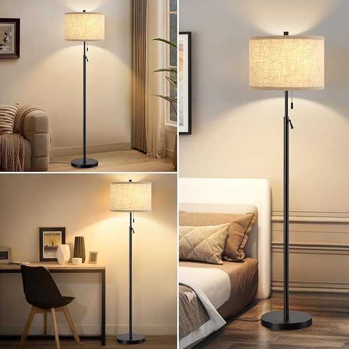 GyroVu Black Floor Lamp, Height Adjustable Standing Lamp Tall Lamp with Fabric Lampshade&Pull Chain Corner Floor Lamps for Living Room, Bedroom & Office Bulbs Not Included(Black)