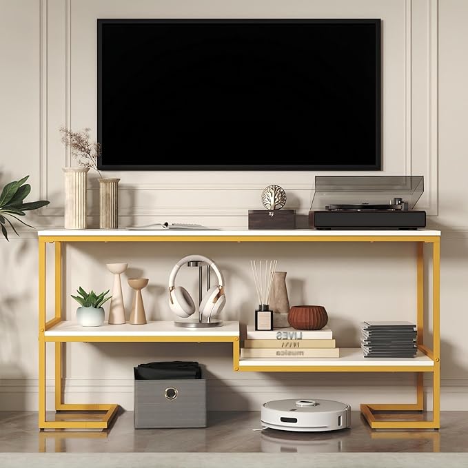 TV Stand for TV up to 60 Inch, TV Console Table with Open Storage Shelves, Industrial Media Entertainment Center for Living Room, Bedroom, Gold and White