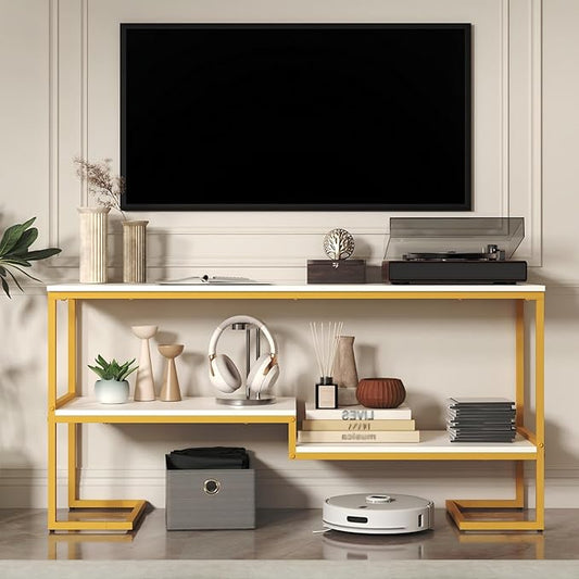 TV Stand for TV up to 60 Inch, TV Console Table with Open Storage Shelves, Industrial Media Entertainment Center for Living Room, Bedroom, Gold and White