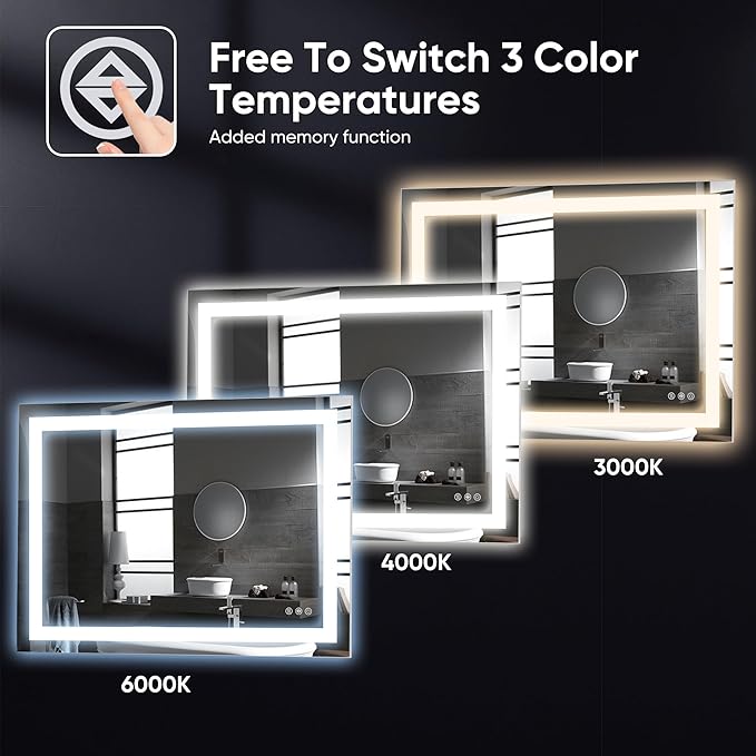 Antok 24"x 32" LED Bathroom Mirror with Lights, Anti-Fog, Dimmable, Lighted Vanity Mirror with Tempered Glass, Memory Function, 3 Light Modes, Safe Use, Horizontal, Vertical