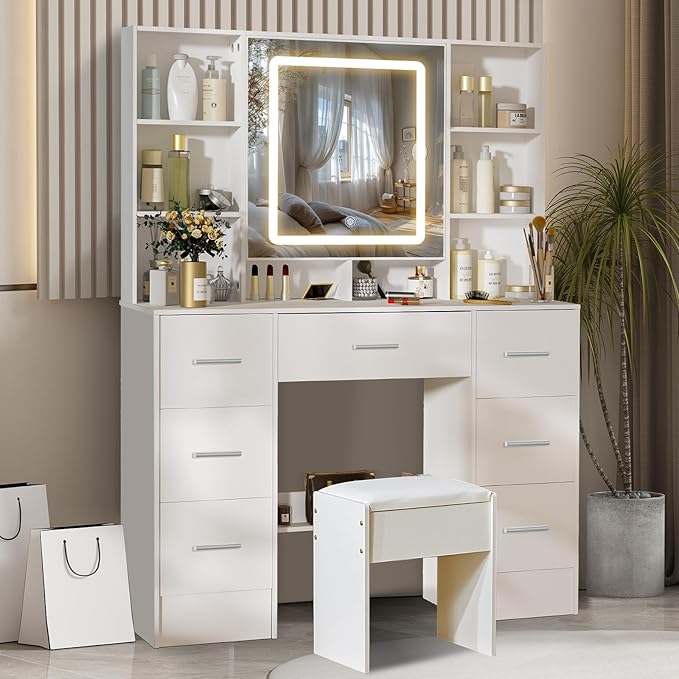 Large Vanity Table Set, 7 Storage 8 Shelves Makeup Table with Mirror & LED Lights, Modern Dressing Table with Soft Stool and 3 Brightness Adjustable for Girls and Women, White