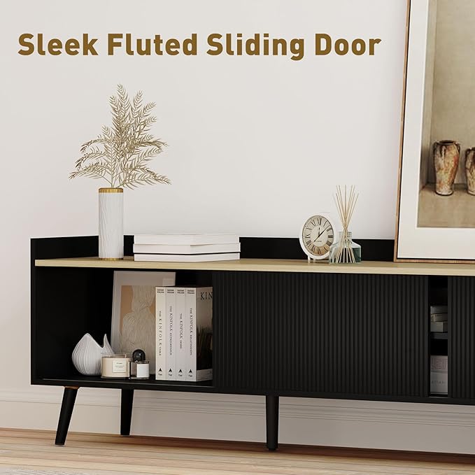 Bonzy Home 70'' Fluted TV Stand Modern Entertainment Center with Sliding Doors & Storage for up to 75'' TV, Media TV Console for Living Room & Bedroom, Black