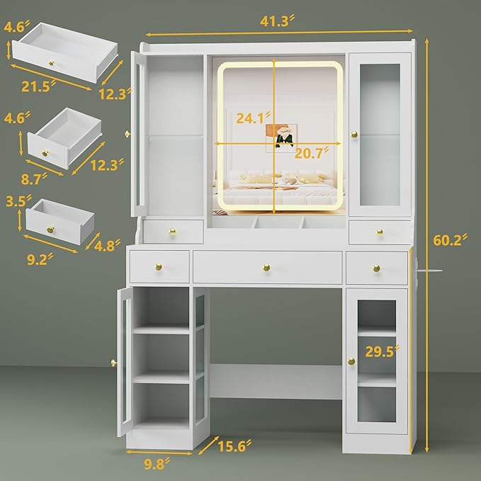 Vanity Desk with Mirror and Lights, White Makeup Vanity Table with 3 Modes & Adjustable Brightness, Glass Cabinets, Drawers, Outlet, Modern Dressing Table for Bedroom, Girls, Women, Teens