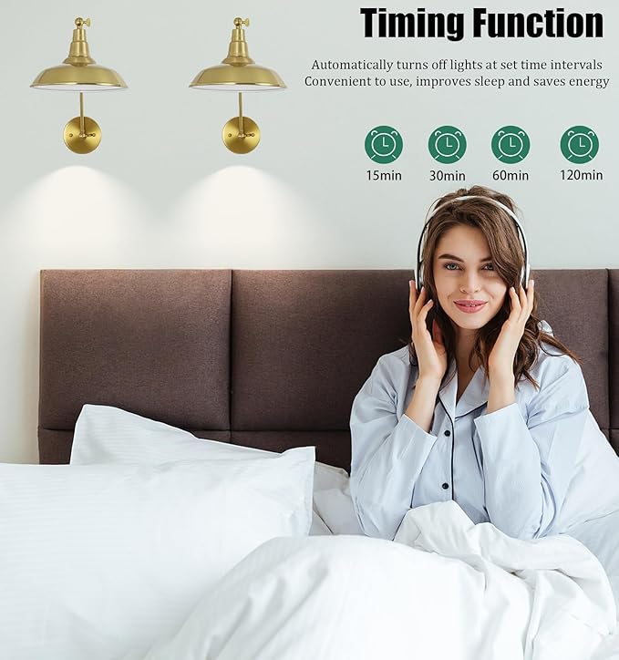 Gold Vintage LED Wall Sconce Set of 2, Wireless Battery Powered Wall Sconce with Remote Control, Dimmable Lighting for Bedroom, Hallway, Farmhouse Indoor Wall Sconce