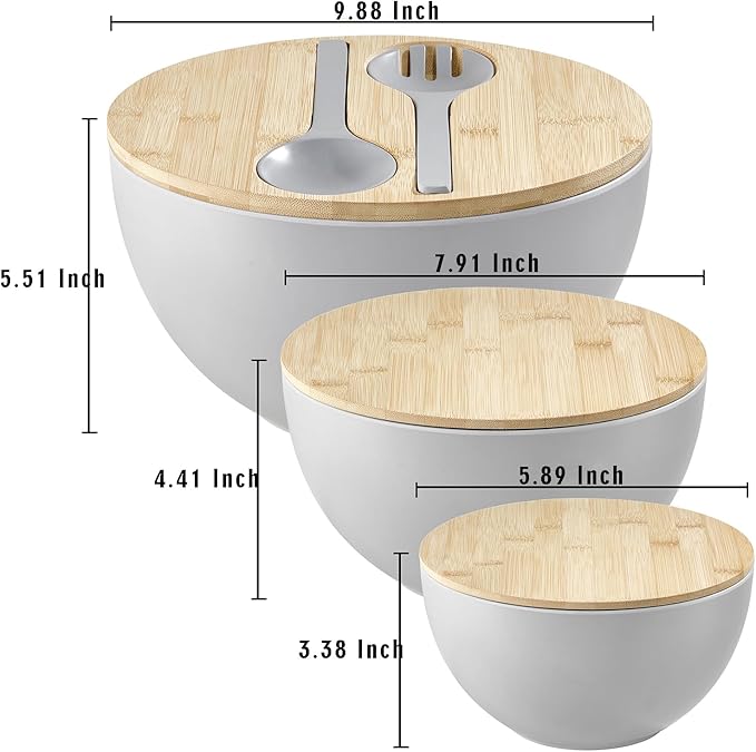 Salad Bowls Set of 3 with Lid & Serving Utensils, Bamboo Fiber Mixing Bowls Set Large Serving Bowls & Storage Set with Bamboo Lid for Salad, Kitchen Eating, Pasta, Popcorn, Chips, Fruit, Grey