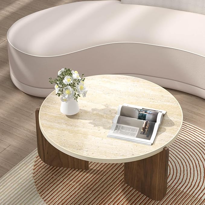 Round Travertine Texture Coffee Table, 28 inch Stone Coffee Table, Modern Design, Durable, Minimalist