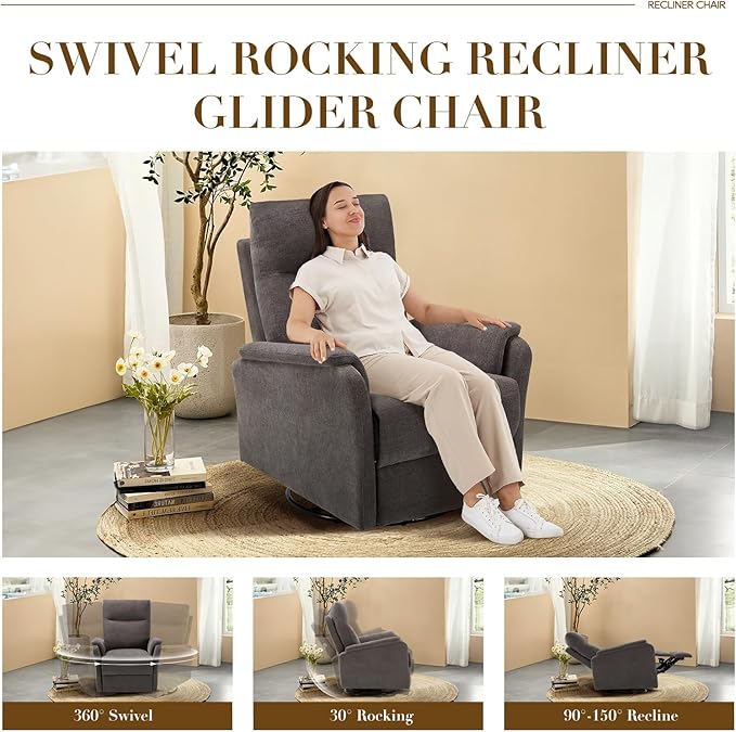 Swivel Rocking Recliner Glider Chair, Upholstered Fabric Reclining Rocker Chair with Footrest for Living Room, Nursery, Bedroom, Ergonomic High Backrest, Wide Seat Cushion and Metal Base-Charcoal