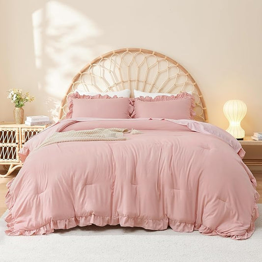 Litanika Blush Pink Ruffle King Bed Comforter Set, 3 Pieces Girls Women Cute Bedding Comforters & Sets, Lightweight Fluffy Microfiber Down Alternative (104x90In Comforter & 2 Pillowcases)