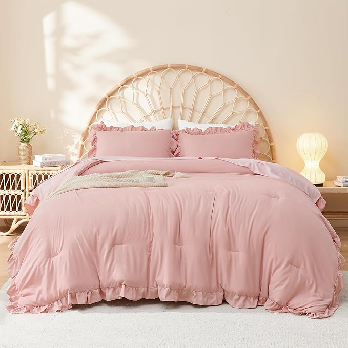 Litanika Full Size Comforter Sets, 3 Pieces Blush Pink Ruffle Girls Women Cute Bedding Comforters & Sets, Lightweight Fluffy Microfiber as Gift (79x90In Comforter & 2 Pillowcases)