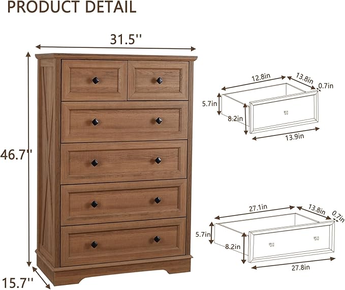 Farmhouse 6 Drawers Dresser Chests for Bedroom, Rustic 6 Chest of Drawers, Wood Dressers Organizer for Closet, Modern Storage Organizer Cabinet for Living Room, Hallway, Entryway, Natural Oak