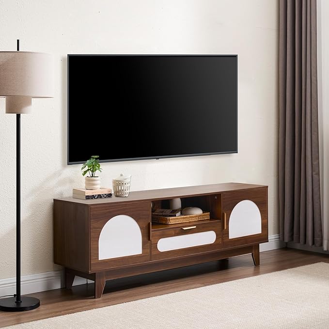CANMOV 63" Mid Century Modern TV Stand for 60-70 inch TV, Entertainment Center with Storage & Drawer, Wooden Media TV Console for Living Room & Bedroom - Walnut