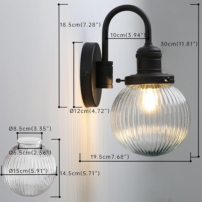 Industrial Vintage Gooseneck 1-Light Wall Sconce with 5.9" Round Ribbed Clear Glass Globe Lampshade Indoor Wall Mounted Lamp Fixture for Bedroom Living Room Bathroom Vanity