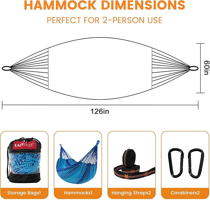 Lazy Daze Hammocks Handwoven Mayan Hammock, 10.5 FT Soft Rope Double Hammocks, Portable Outdoor Hammock with Carry Bag, 2 Straps & carabiners for Patio Outside, 550 lbs Weight Capacity, Blue/Dark Blue