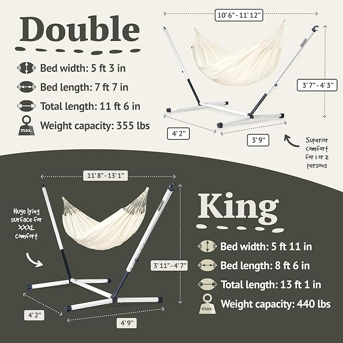 LA SIESTA® - Large Double Brisa Classic Hammock & Nautico Steel Stand - Weather & Tear Resistant Portable Hammock w/Stand - Balcony Porch Garden Outdoor Indoor Hammock - 2-Person Max 355 Lbs, Vanilla