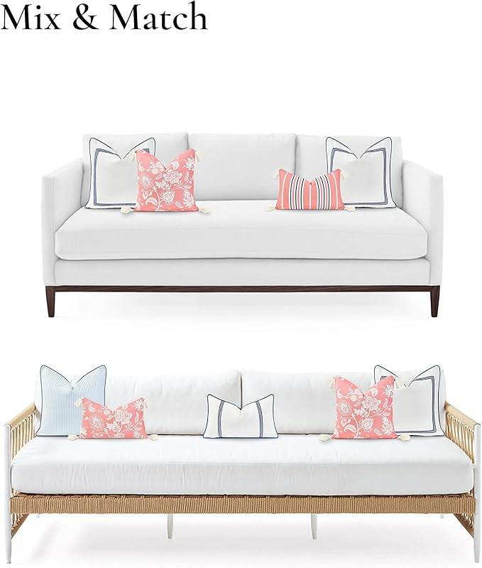 Hofdeco Premium Coastal Hampton Style Patio Indoor Outdoor Pillow Cover Only, 20"x20" Water Resistant for Backyard, Couch, Navy Blue Embroidered Square Line