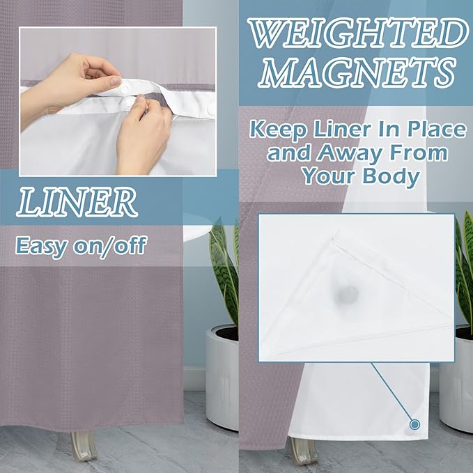 Lavender Stall No Hook Shower Curtain with Snap in Liner,230GSM Waffle Weave Shower Curtains for Bathroom,54W x 80H