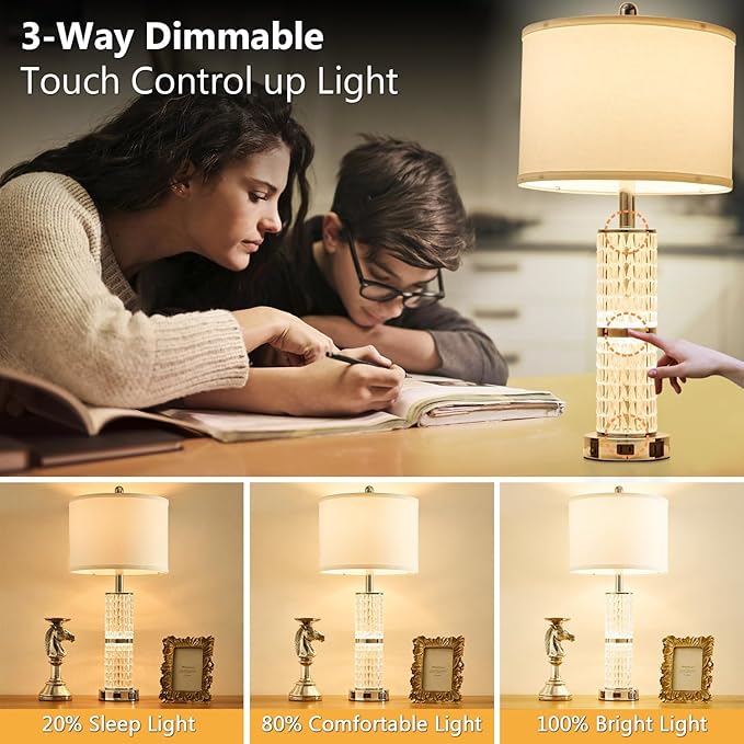 Crystal Table Lamp Set of 2, Modern Touch Lamp with Nightlight, 3-Way Dimmable Bedroom Lamp with 2 USB Ports & AC Outlets for Living Room Bedside Nightstand Lamp