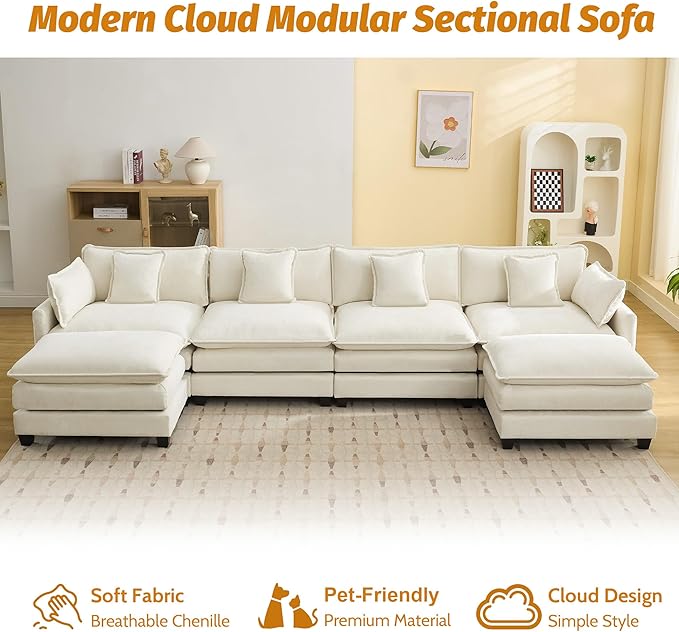 147'' Sectional Cloud Deep Seat Couch, Oversized Chenille U Shaped Sectional Sofa for Living Room Set, Comfy Upholstered Modular Sectional Sofa Couch with 2 Movable Ottoman, Beige