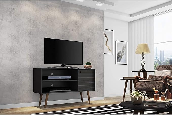 Manhattan Comfort Liberty Mid Century Modern TV Stand for Televisions up to 46 Inches, Bedroom and Living Room Entertainment Center with Storage, Shelves, and Cabinet, 43" Wide, Black