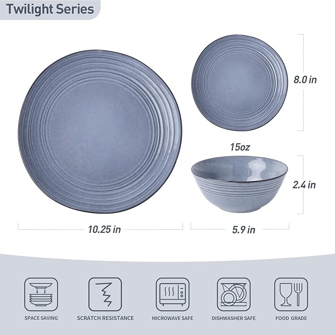 Famiware Plates and Bowls Sets 12-Piece Stoneware Dinnerware Sets, Dishes Set for 4, Hand-made Reactive Glaze Dish Set, Twilight Series, Blue