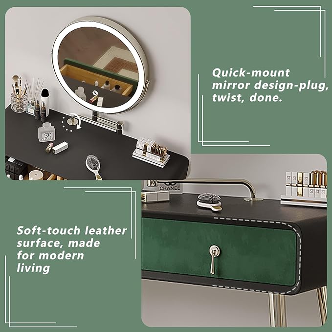 Vanity Desk with Adjustable Mirror and Lights, Makeup Vanity with 2 Drawers and Chair, Small Dressing Table with Leather Surface for Bedroom, 3 Lighting Modes