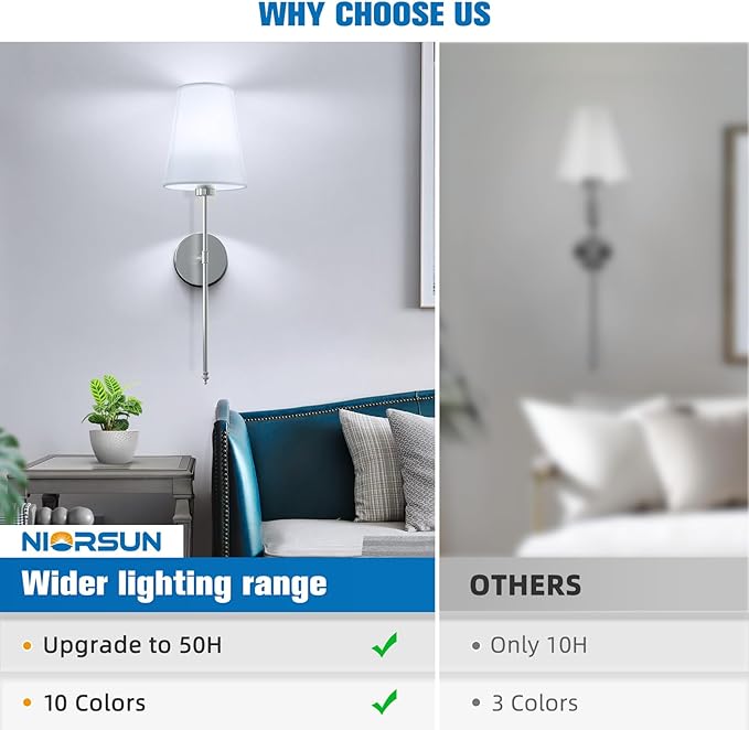 NIORSUN 25.4 inch Brushed Nickel Battery Operated Wall Sconce Set of 2,Rechargeable Wall Lights with Dimmable Detachable Bulbs and Remote,9 Colors Wireless Sconces for Bedroom Living Room Hallway