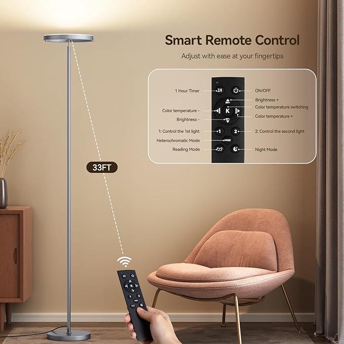 SUNMORY Floor Lamps for Living Room, 28W Bright LED Floor Lamp with 2 Rotatable Lights & Remote Control, 74" Tall Standing Lamp with Stepless Dimmable, Modern Reading Corner Lamp for Bedroom, Office