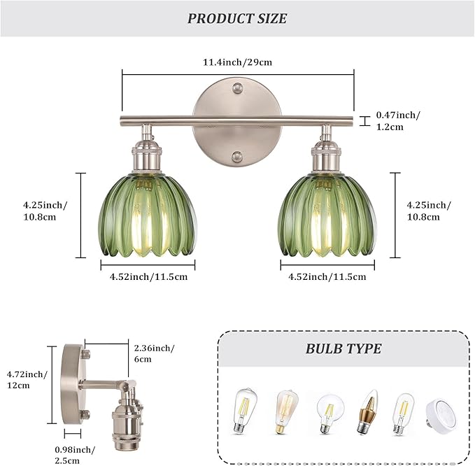 Bathroom Light Fixtures, 2-Light Vanity Wall Light Over Mirror with Green Tulip Glass Shade for Bedroom Living Room, Satin Nickel