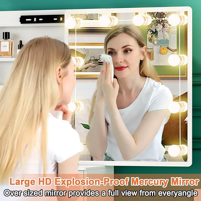 Makeup Vanity with Sliding Mirror and Lights, Modern Vanity Table with Stool and 6 Drawers, White Vanity Desk with Lights for Bedroom, Dressing Table Set for Petite Women and Girls, White