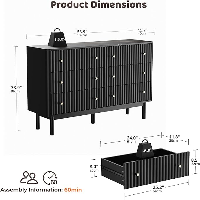 Fluted 6 Drawers Dresser for Bedroom, 54" Wide Modern Chest of Drawers with Faux Marble Top, Curved Profile Design, Solid Wood Legs, Wodden Dresser TV Stand, Storage Organizer for Bedroom, Black