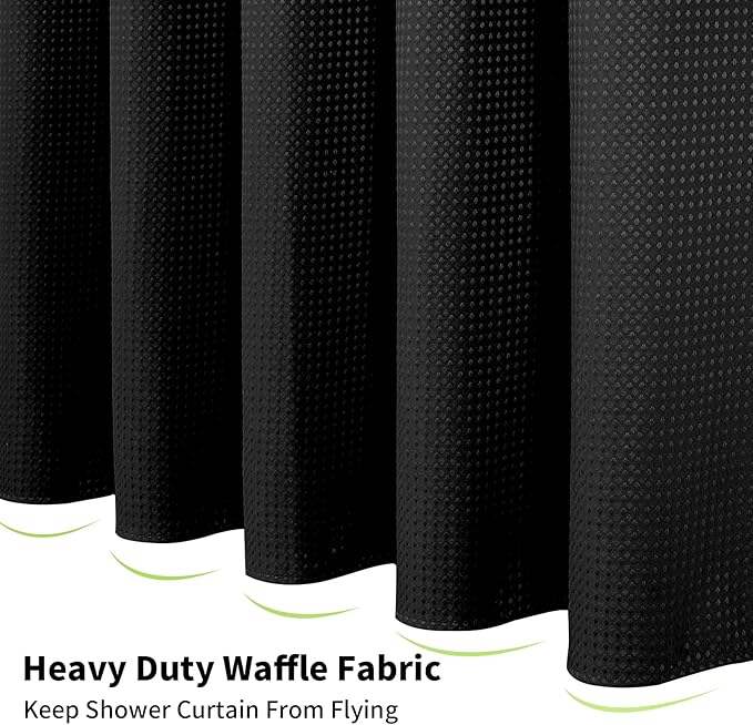 Colorful Star Extra Long Waffle Weave Shower Curtains, 256GSM Heavy Duty Shower Curtain with Snap in Fabric Liner, Hotel Style No Hook Waterproof Bathroom Curtain Set, 72 x 87 Inch, Black