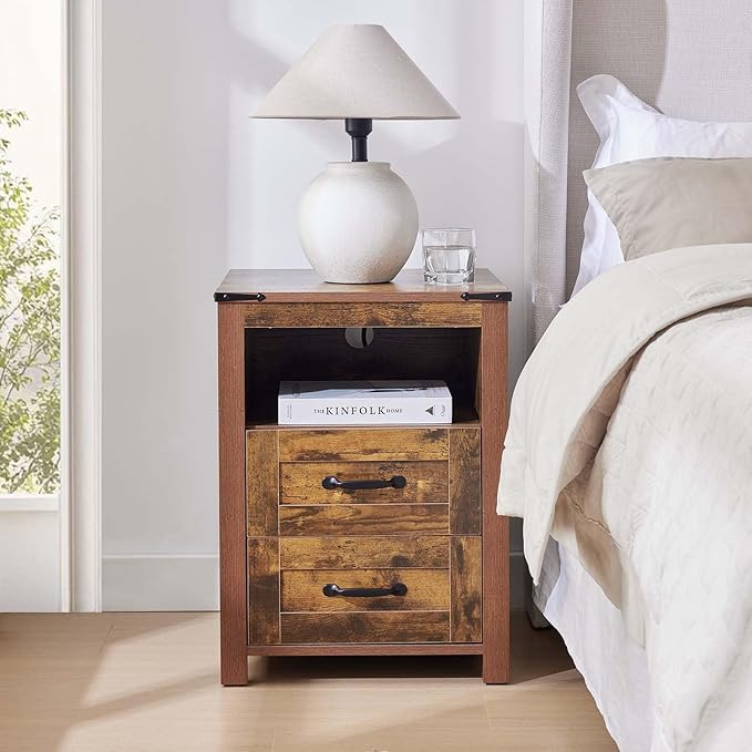 Farmhouse Night Stand, Rustic Brown Nightstand for Bedroom, End Tables with Charging Station, Bedside Table with Drawers, Wood Bedside Cabinet Dresser