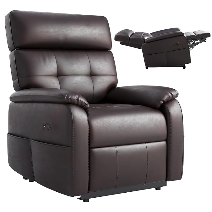 Claiks Zero Gravity Recliner Chair, Oversized Reclining Chair for Adults, Adjustable Electric Reclining Sofa Lounge with USB&Type-C Ports, Side Pocket, for Living Room, PU Leather, Dark Brown