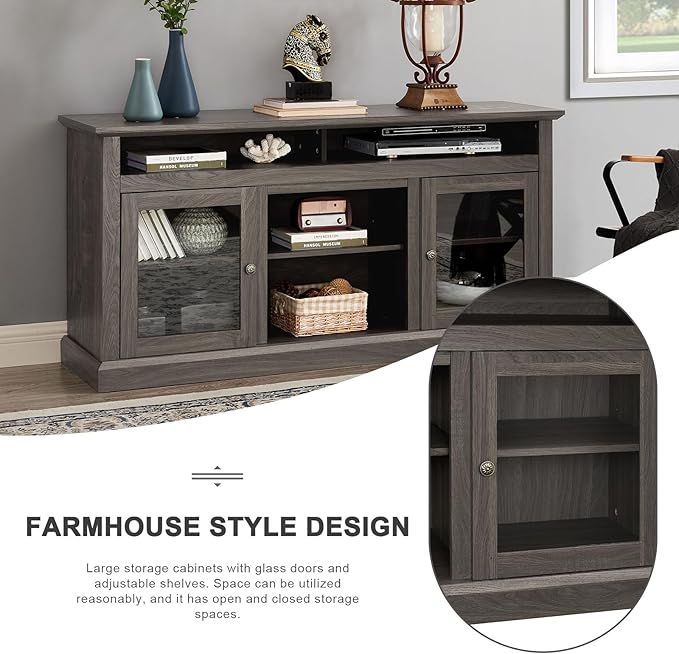 HMFULE 60" Farmhouse TV Stand for 60 65 Inch Television, Entertainment Center with 2 Storage Cabinets Glass Doors & Adjustable Shelves, Rustic Media Console Furniture for Living Room (Dark Walnut)