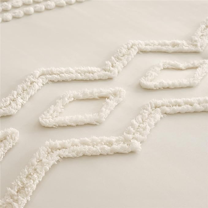 KAKIJUMN White Tufted Comforter Set King Size 7 Piece Bed in a Bag, Shabby Chic Boho Comforter and Sheet Set, Pom Pom Textured Bed Set, All Season Soft Microfiber Complete Bedding Set(White,King)