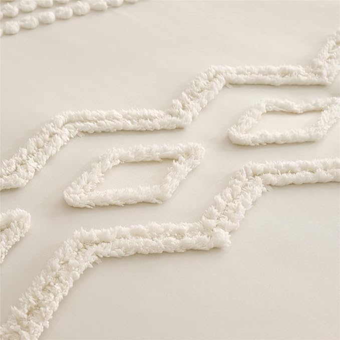 KAKIJUMN White Tufted Comforter Set Queen Size 7 Piece Bed in a Bag, Shabby Chic Boho Comforter and Sheet Set, All Season Soft Microfiber Complete Bedding Set(White,Queen)