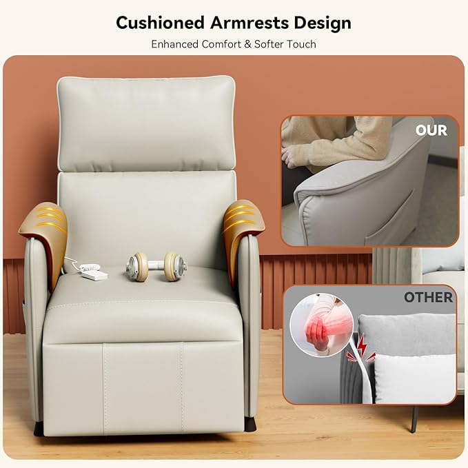 Recliner Chair，Electric Adjustable PU Leather Recliner with Remote Control and Padded Backrest,Recliner Single Sofa Seat with Thick Seat Cushion for Living Room Bedroom Home Theater (Beige)