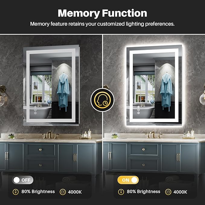 20"x28" LED Bathroom Mirror with Lights, Backlit & Front Lit, Anti-Fog Lighted Bathroom Vanity Mirror for Wall, Memory Function, Dimmable, HD Tempered Glass, Shatter-Proof