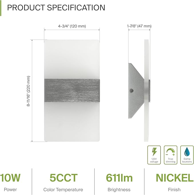 ASD 8 Inch LED Indoor Wall Sconce - Modern Interior 10W 120V 2700K-5000K Adjustable Dimmable Wall Mounted Light Fixtures, Acrylic Glass Wall Lights for Stairway, Hallway - ETL, Brushed Nickel