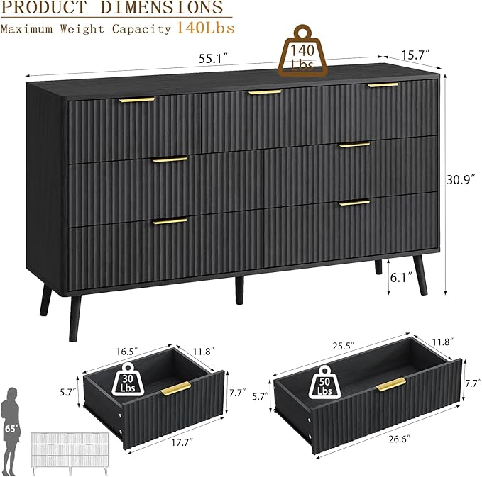 CARPETNAL Fluted 7 Double Drawers Black Dresser for Bedroom, 55”Wide Modern Chest of Drawers with Deep Drawers,Wood Drawer Organizer for Bedroom Living Room, Hallway, Black