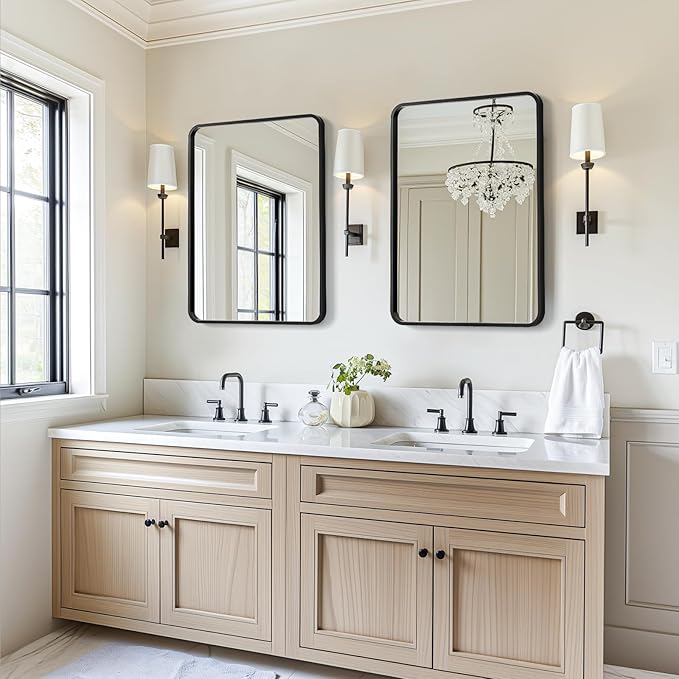 USHOWER 2-Pack Black Bathroom Mirrors Over Sink 22 x 30 Inch, Metal Frame Rectangle Mirror, Modern Farmhouse Vanity Mirror, Wall Mounted